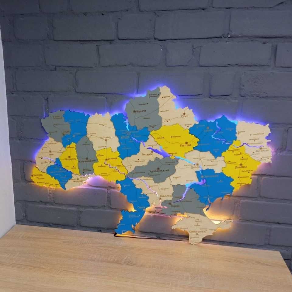 Дерев'яна 3Д карта України з підсвіткою річок карта Украины на стену