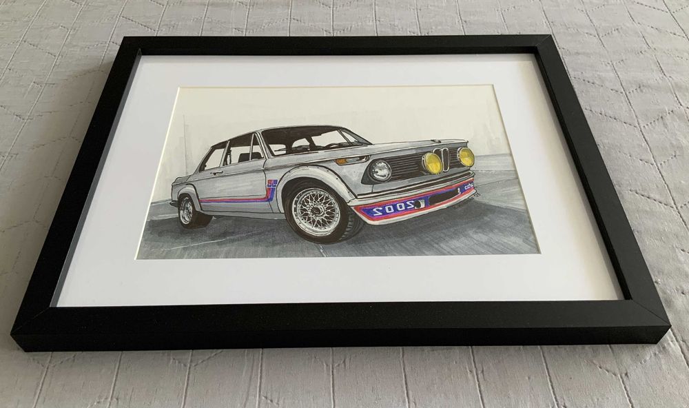Obraz grafika 21x30cm BMW e10 2002 turbo oprawiony, ręcznie malowany