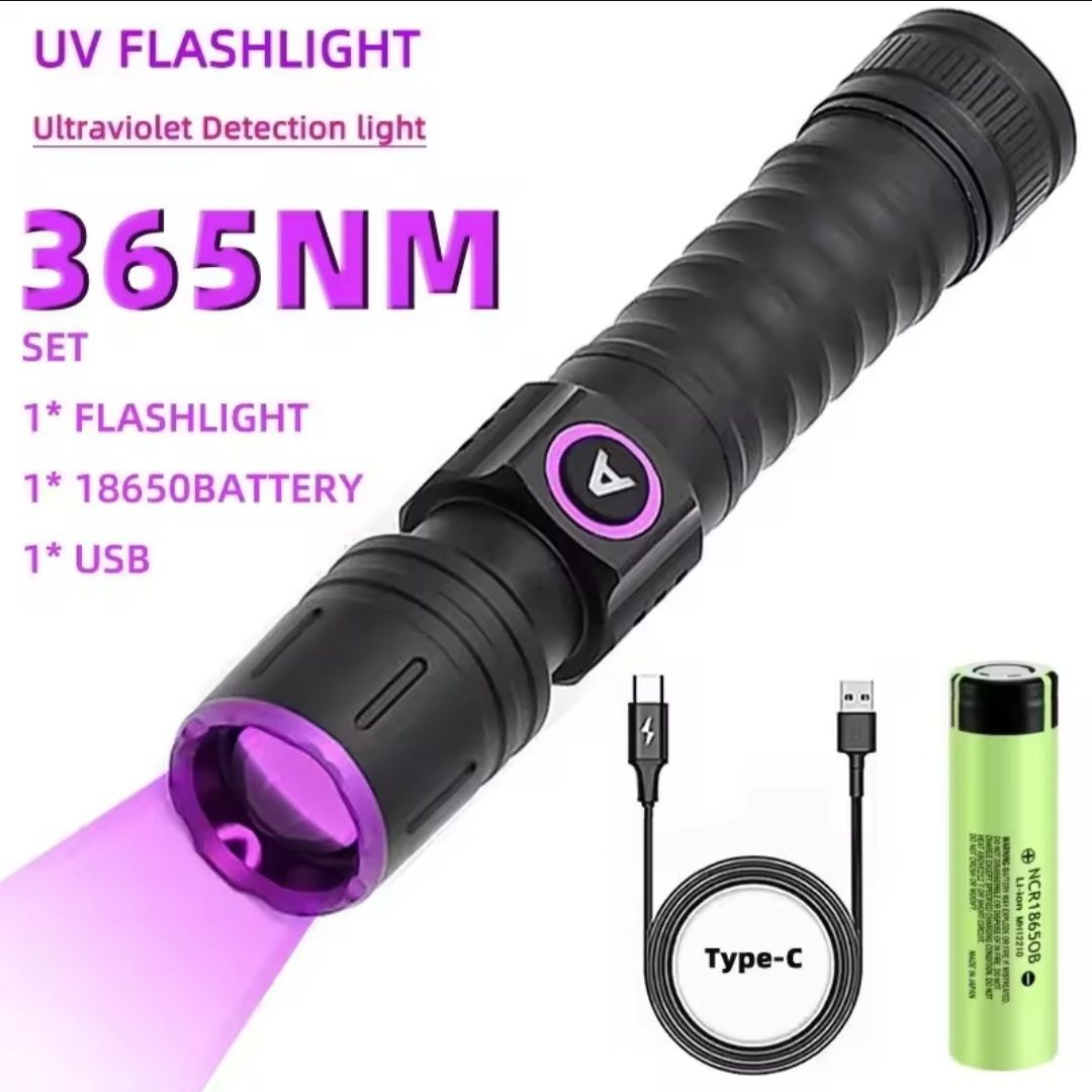 Latarka UV 365nm 5W do bursztynu klimy LED USB C akumulator ZOOM