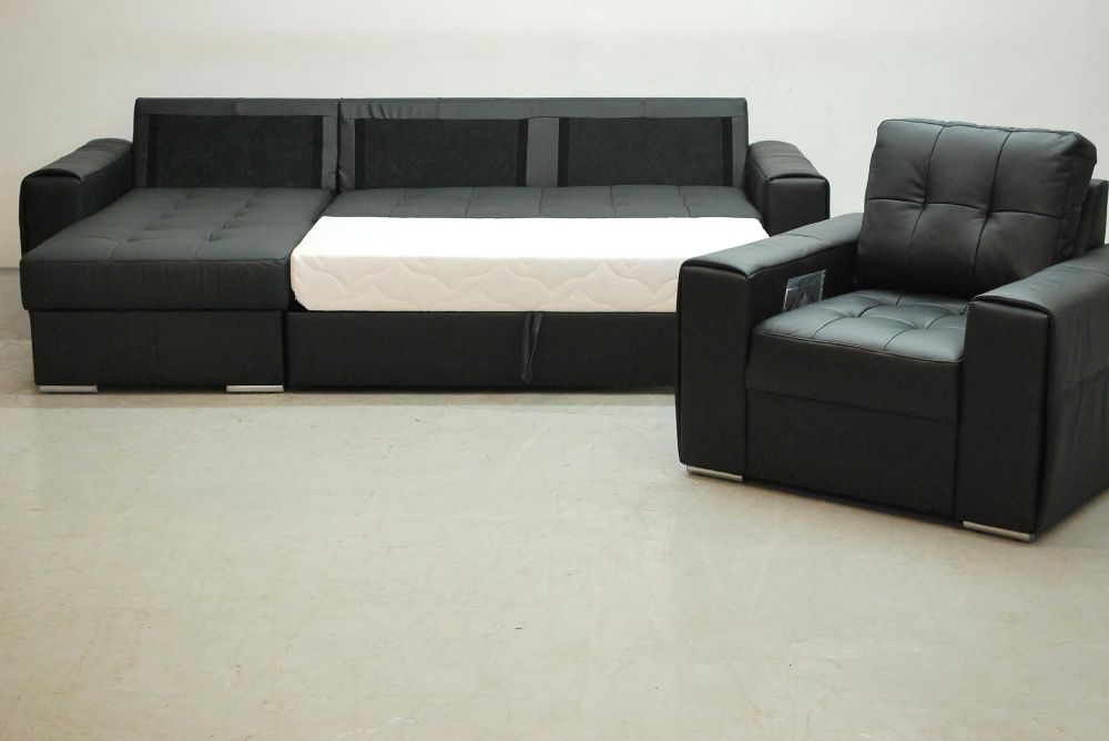 SKÓRA NATURALNA NAROŻNIK spanie pojemni + fotel czarny 6605, salon sof