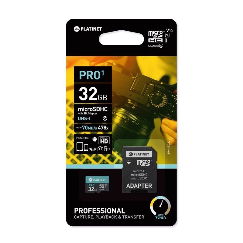 platinet microsdhc secure digital + adapter sd 32gb class10 u1 70mb/s