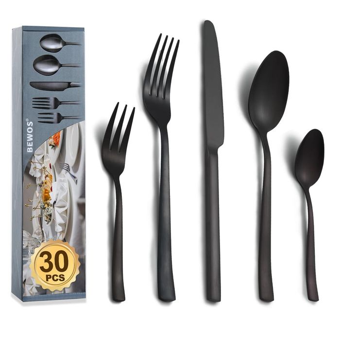 BEWOS  zestaw sztućców 30 szt. dla 6 osób czarny matowy stal NIERDZEWN