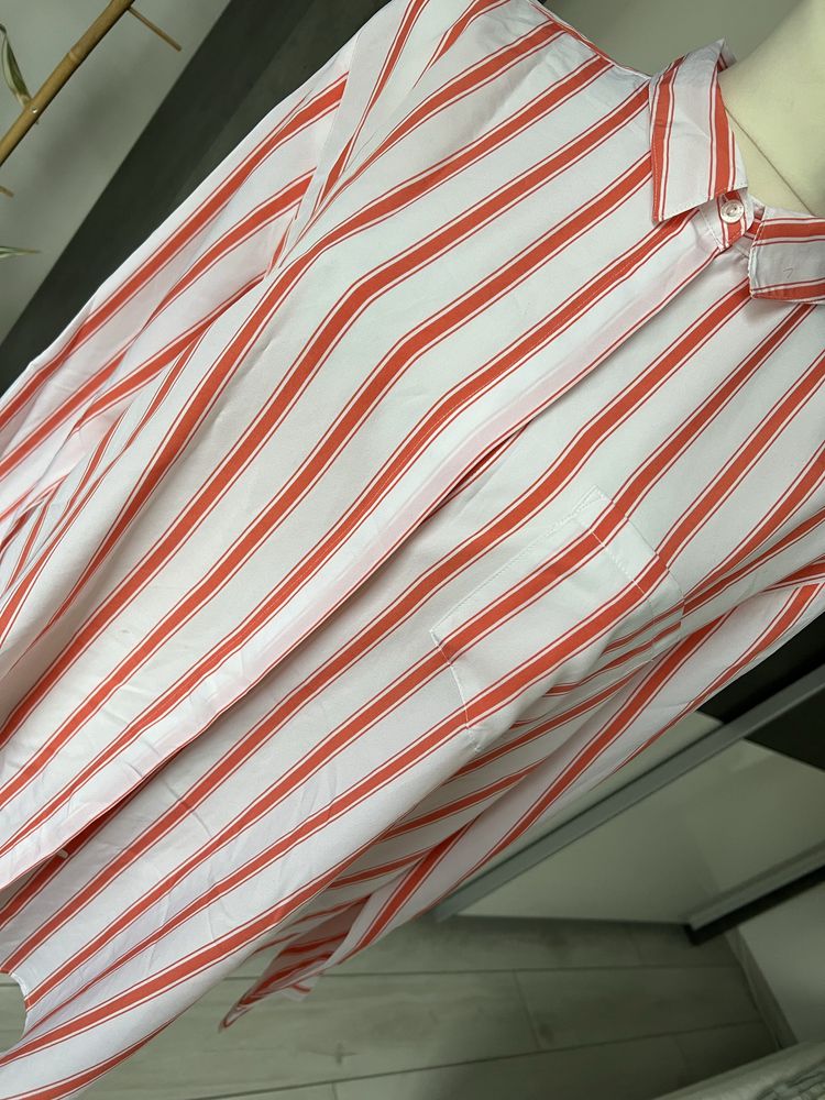 Biała koszula damska w pomarańczowe paski XXL plus size