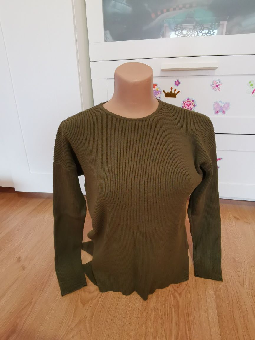 Bluzka cienki sweterek Zara prążek khaki M