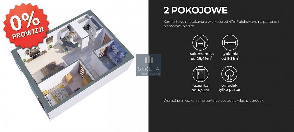 2 pokoje, NISKI BLOK, standard deweloperski, OGRÓDEK 44,86 m2!