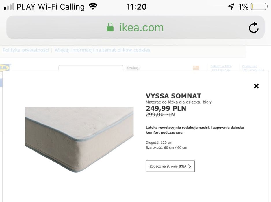 Materac do łóżeczka Vyssa Ikea stan idealny