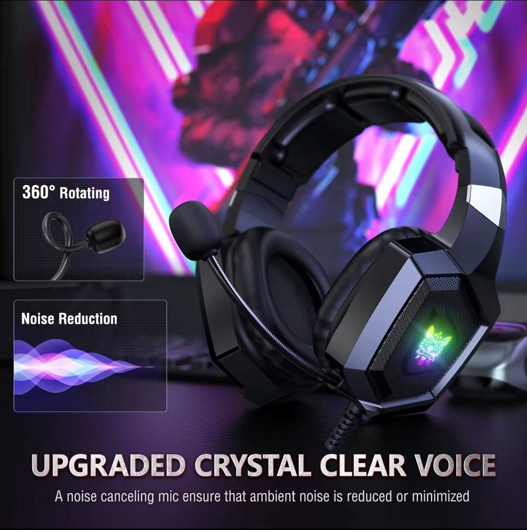 ONIKUMA K8 Fones gamer com microfone HD flexível RGB Light Surround