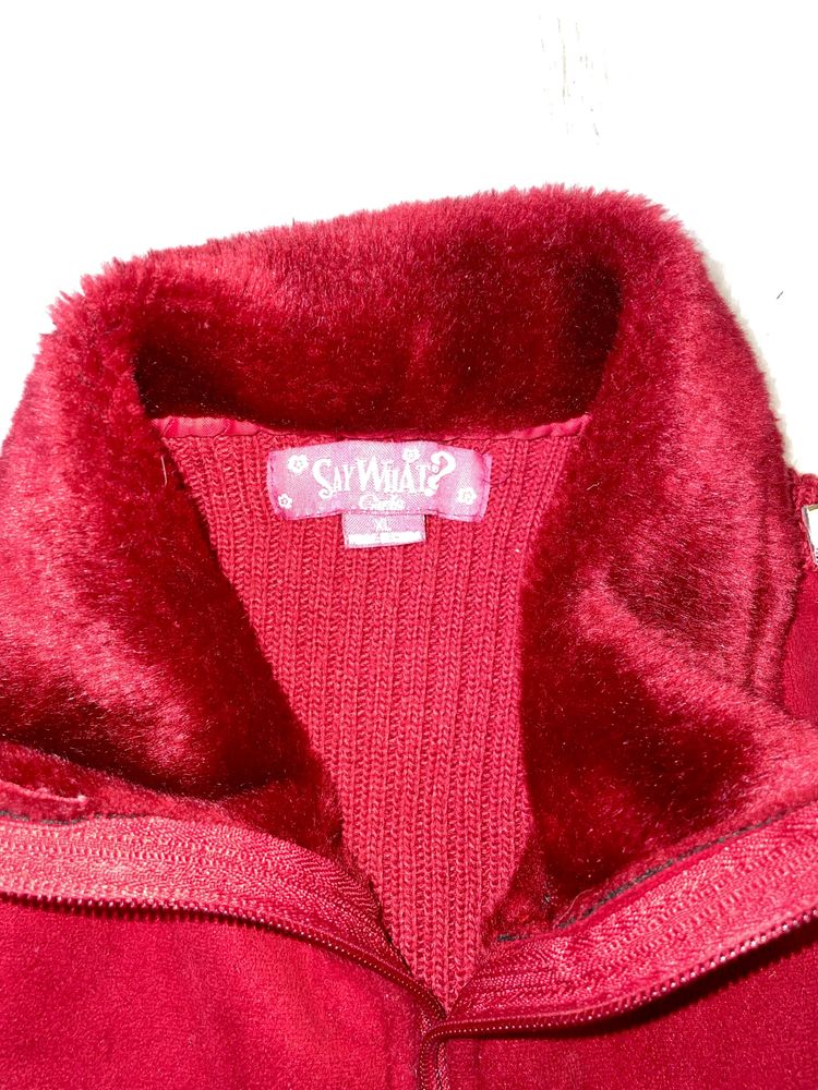 Czerwona bluza sweter futro dziewczęce 9 lat
