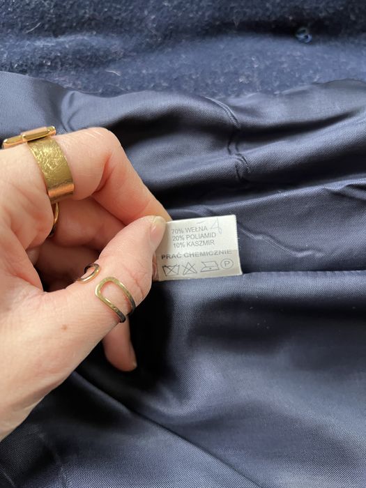 Płaszcz długi kaszmirowy wełniany 42 XL z futerkiem granatowy