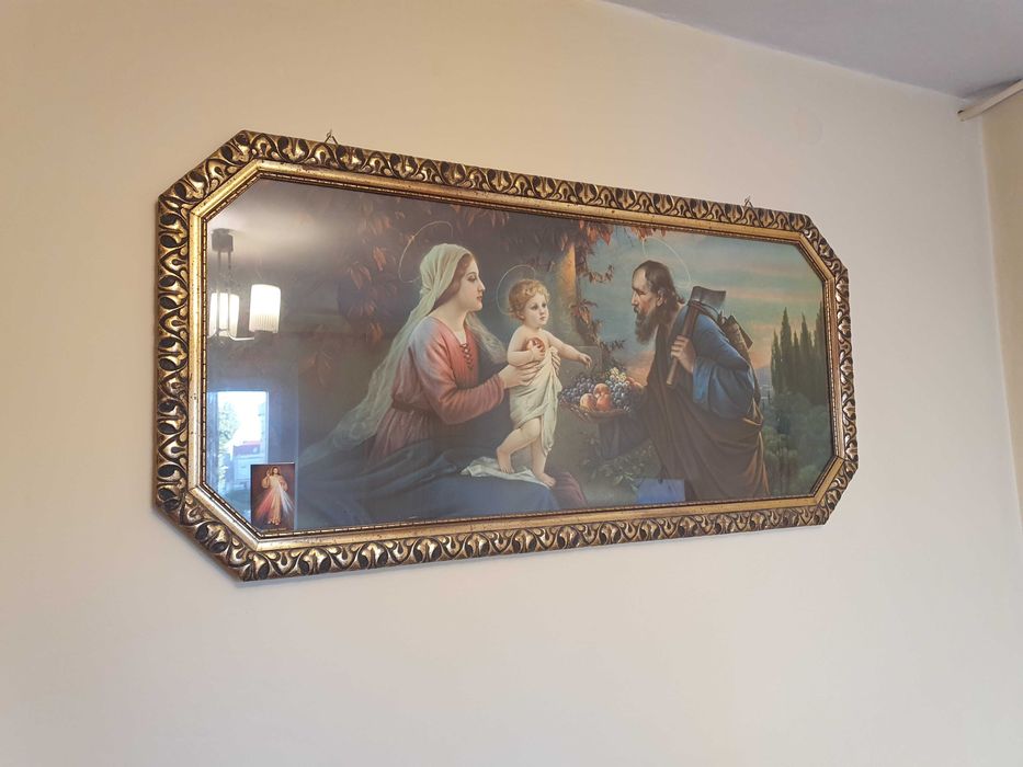 Stary obraz w drewnianej ramie Ikona Maryja Jezus Józef Święta Rodzina