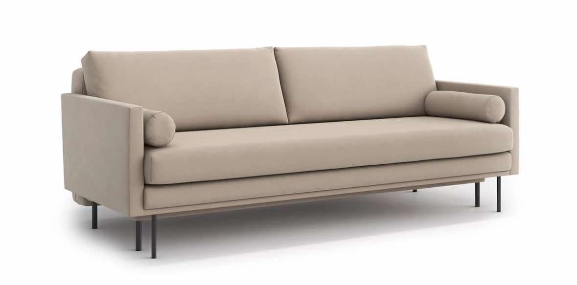 Sofa welurowa beżowa z funkcją spania jak Nowa