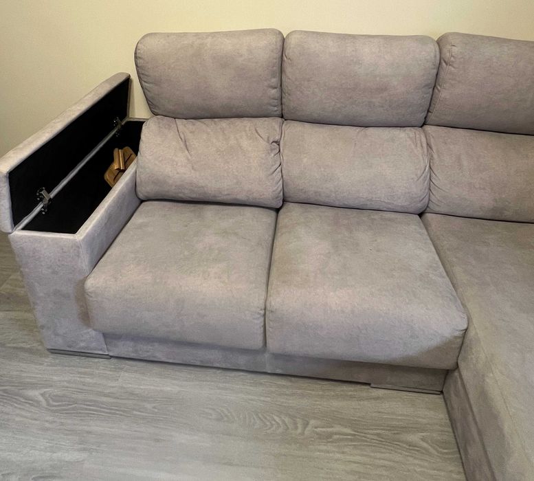 Sofá retrátil de canto 3 lugares com Chaise e Baú de armazenamento