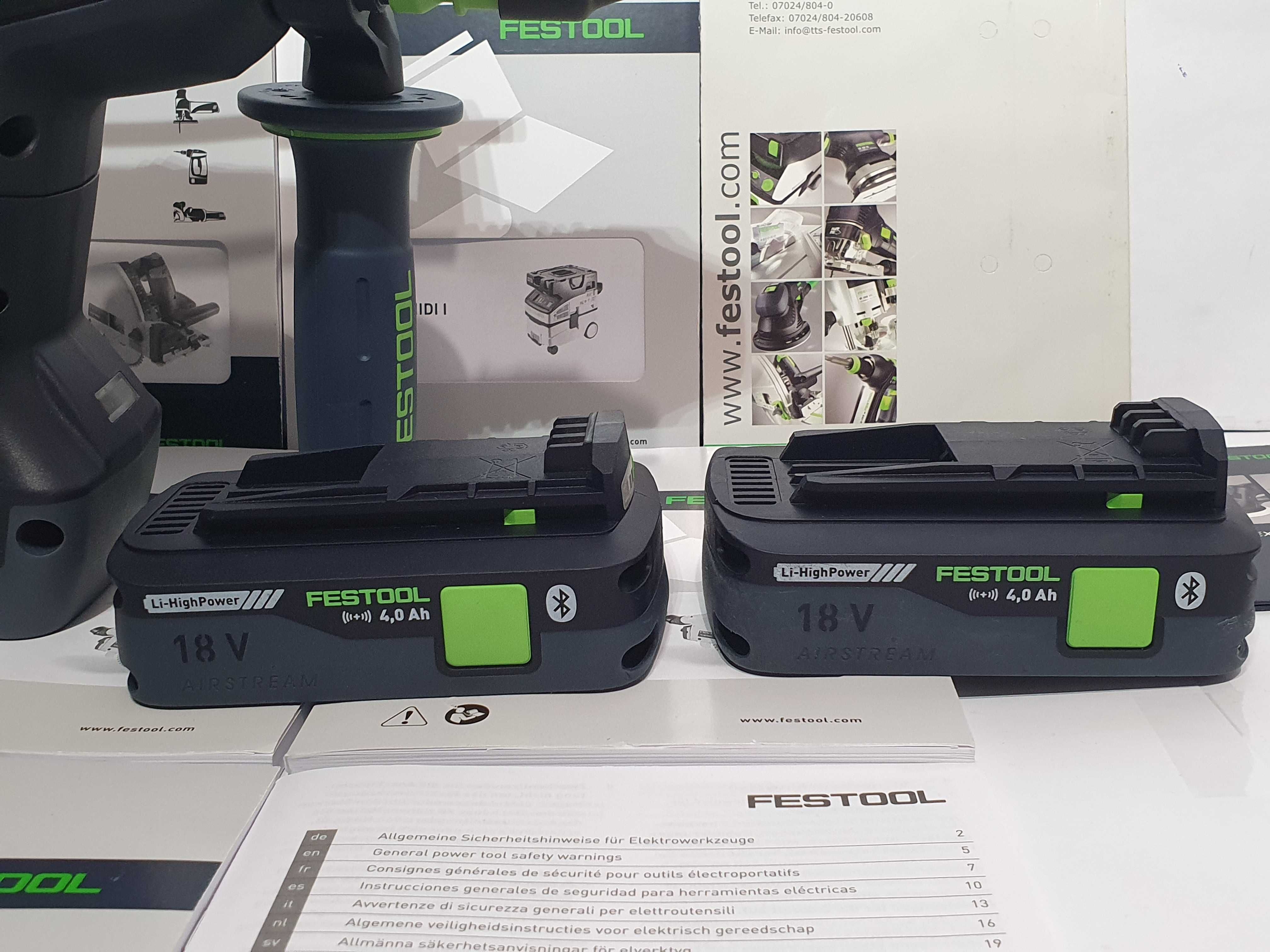Duży zestaw młotowiertarka FESTOOL KHC 18-2szt bateria 18v 4ah-adapter
