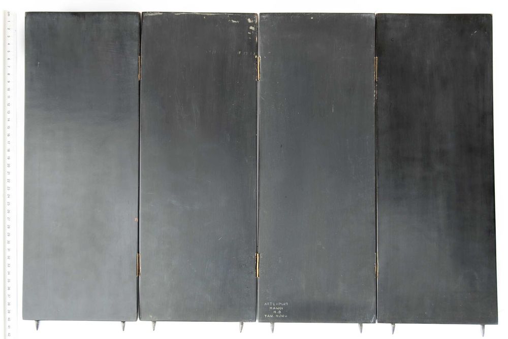 Parawan z laki, chiński obraz, pejzaż, laka, żurawie łodzie, vintage