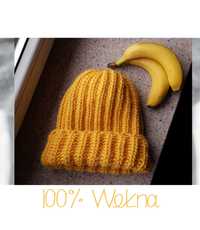 Żółta zimowa gruba ciepła czapka wełniane beanie rękodzieło handmade