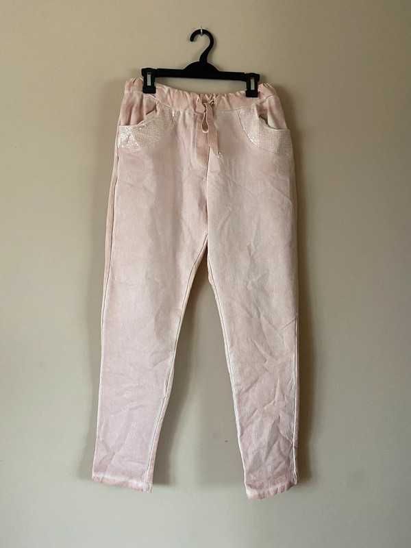 Dres materialowe spodnie acid wash nude pastele cekiny 42 40 xl