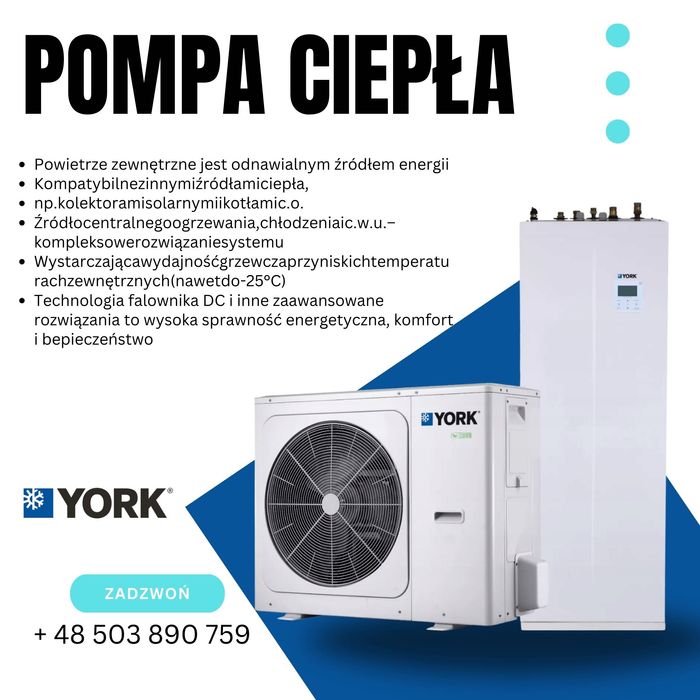 Pompa ciepła YORK 14 KW zasobnik 240 l. nierdzewny z montażem kotłowni