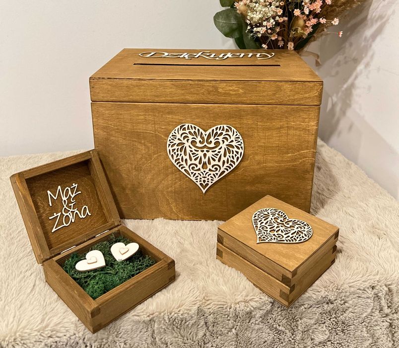 Pudełko Skrzynka na Koperty Ślubne + Szkatułka na Obrączki Dębowe 3