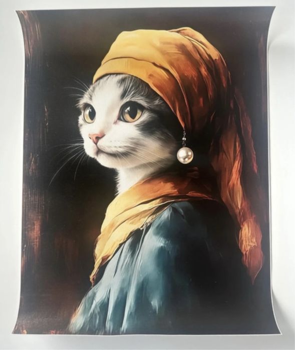 Zabawny plakat A3, dziewczyna z perłą w kociej wersji, 30/40 cm