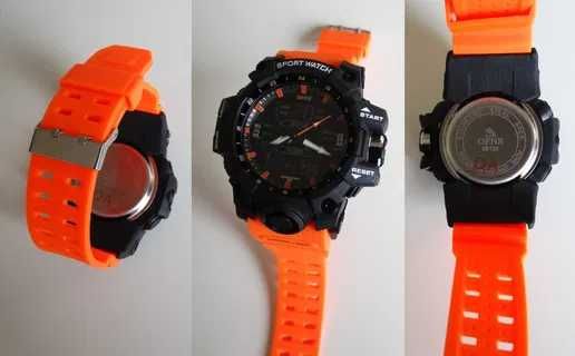 Pomarańczowy duży zegarek analogowo cyfrowy męski militarny sportowy