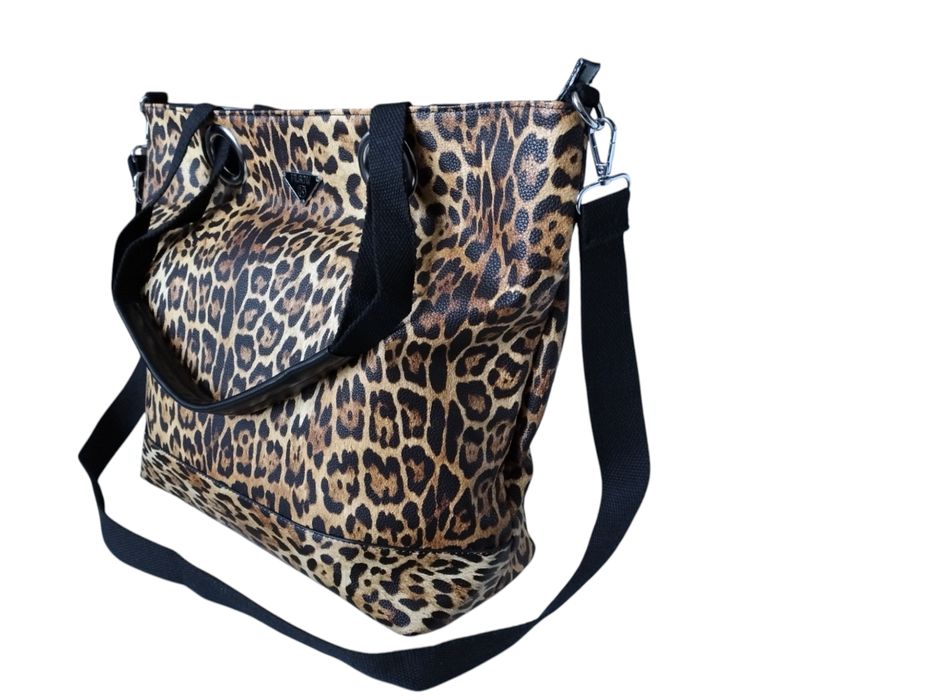 Torebka Damska Shopper z Przegrodą Brązowa Torba na Ramię, Panterka