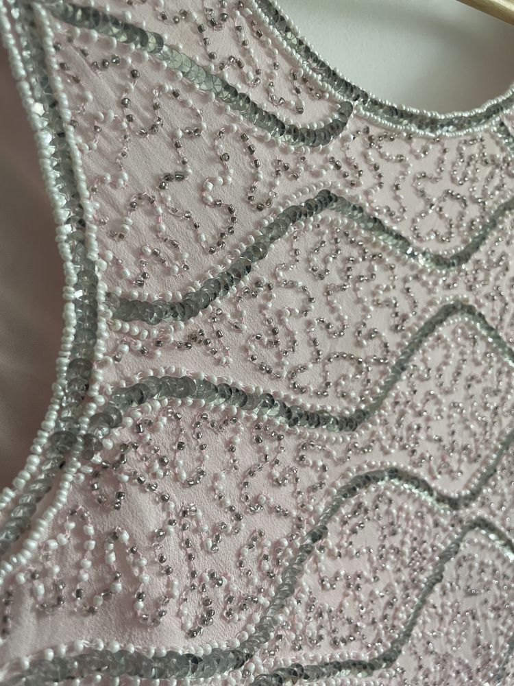 100% jedwab bogato zdobiona bluzka XL pudrowy róż cekiny koraliki