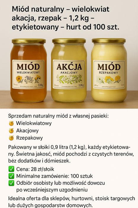 Miód naturalny – wielokwiat, akacja, rzepak – 1,2 kg – etykietowany