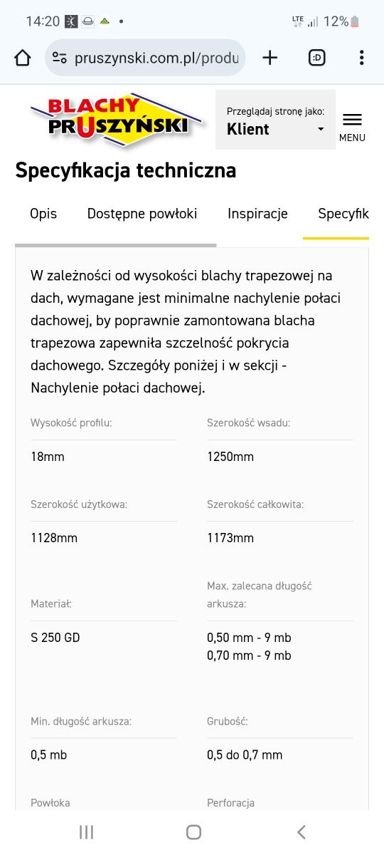 Sprzedam blachę trapezowa T18 gruba 0.7 mm, 6 m Pruszczynski