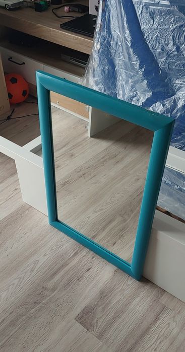 Lustro ścienne łazienkowe 70x50 cm - turkusowa drewniana rama