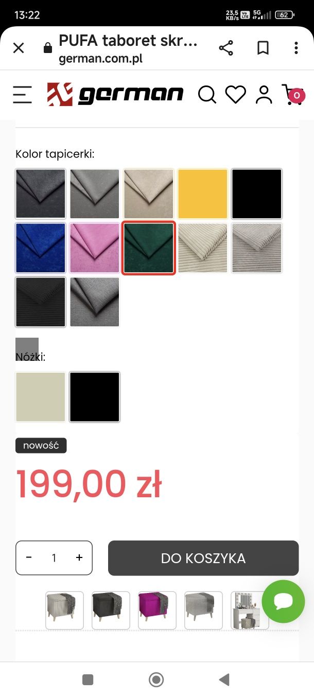 2 nowe pufy ze schowkiem ,modny design ,butelkowa zieleń