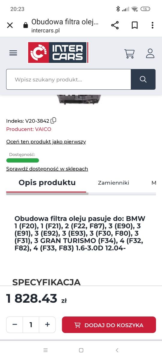 Obudowa filtra oleju BMW Serii 1 2 3 4 MINI Toyota Avensis  V20-3842
