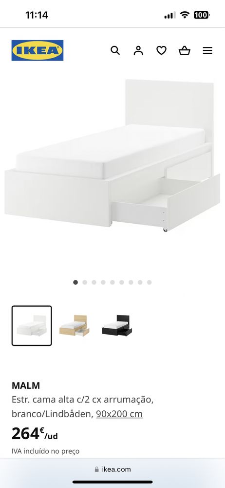 Cama MALM c/2 caixas de arrumação