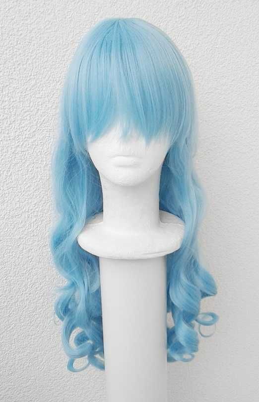 Błękitna lokowana niebieska peruka z kitkami loki grzywką cosplay wig