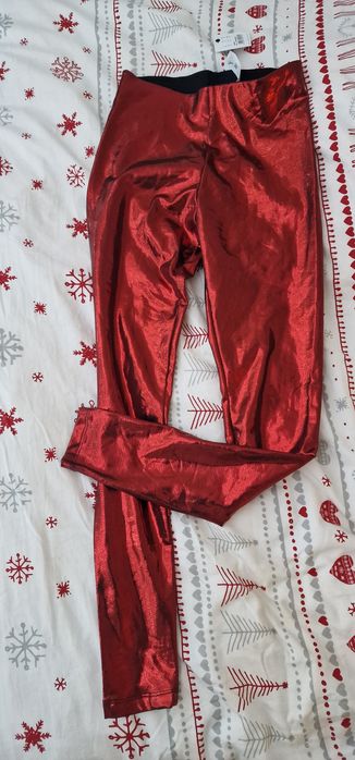 Czerwone błyszczące spodnie brokatowe legginsy ocieplane termiczne M