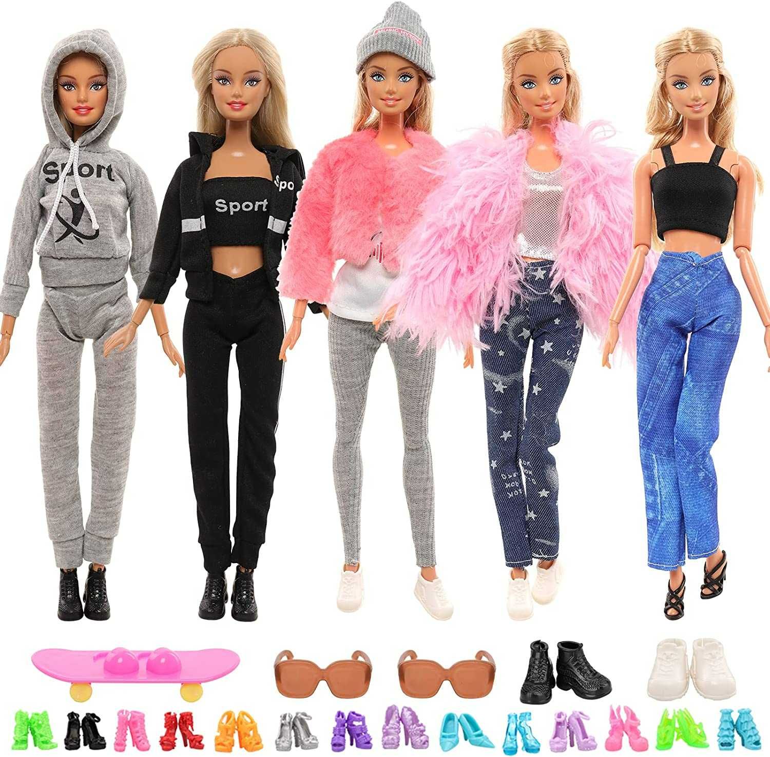Ubranka dla lalek Barbie + Akcesoria Zestaw Duży Deskorolka Okulary