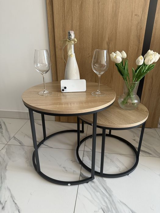 Nowy Stolik Kawowy Okrągły Podwójny Loft 2 Sztuki Industrialny Salonu