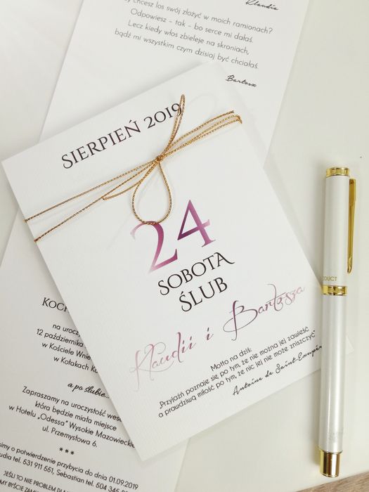 Zaproszenie ślubne kartka z kalendarza z kokardką śliczne