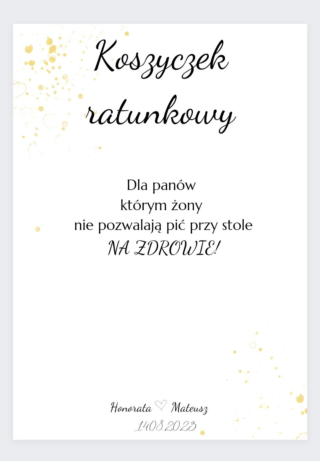 Koszyczek ratunkowy śmieszny napis na wesele ślub przyjęcie wzór pdf