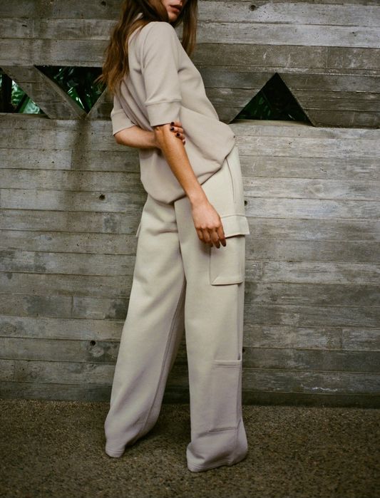 Zara spodnie dresowe cargo szerokie nogawki kieszenie M bezowe kremowe