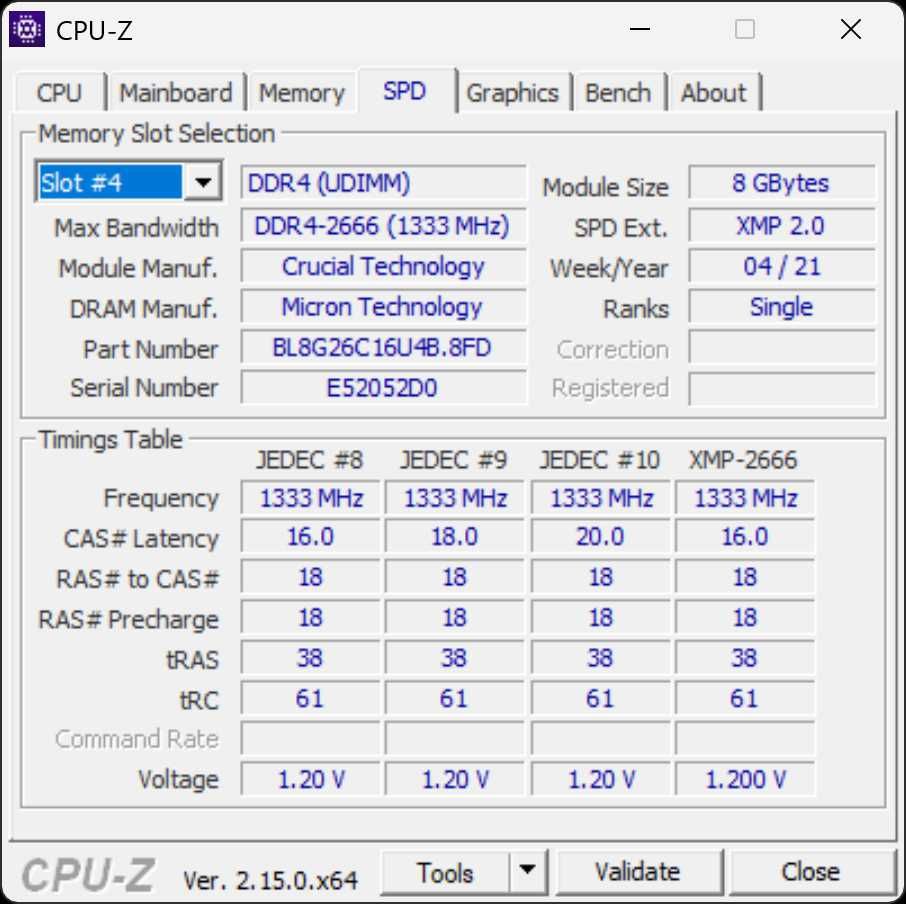 Crucial DDR4-2666 16GB (2x8) 288pin CL16 PC4-21328 (3133MHz/1.27v)