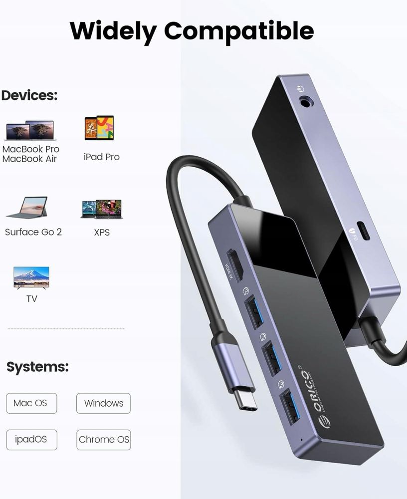 Orico Hub USB-C 6 w 1, HDMI 4K  30Hz, USB-A 3.0 × 3, 3,5 mm Audio × 1