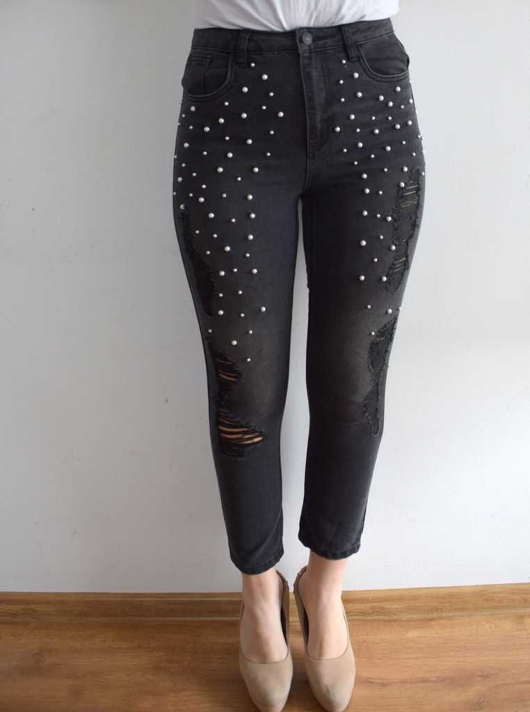 Only w27 spodnie zdobione xs s jeansy wysoki stan high waist