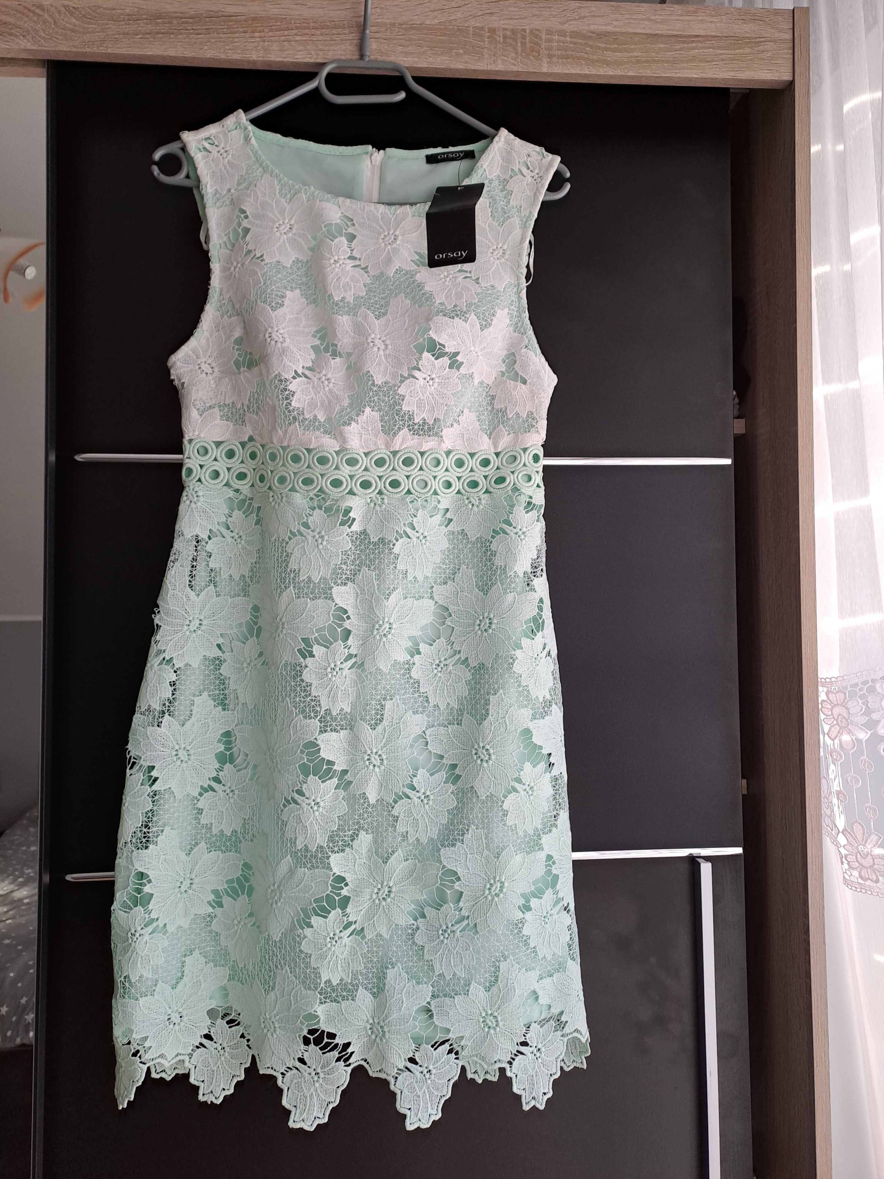 Sukienka wizytowa z koronki rozmiar 36 biało - zielona