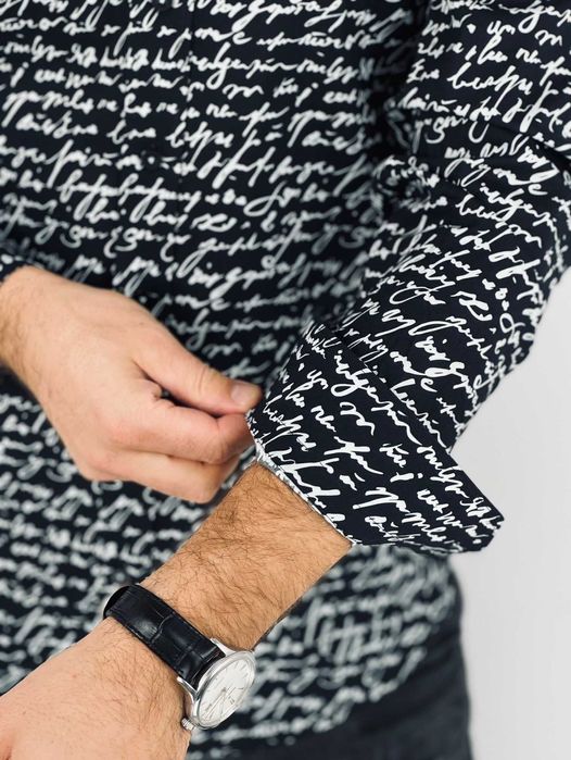 GIOVANNI PERA Koszula męska K012 Pismo, czarna-biała, elastyczna