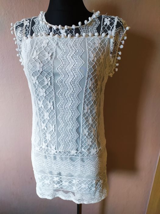 Biała koronkowa sukienka Boho koronka S/M 36/38 koronka narzutka