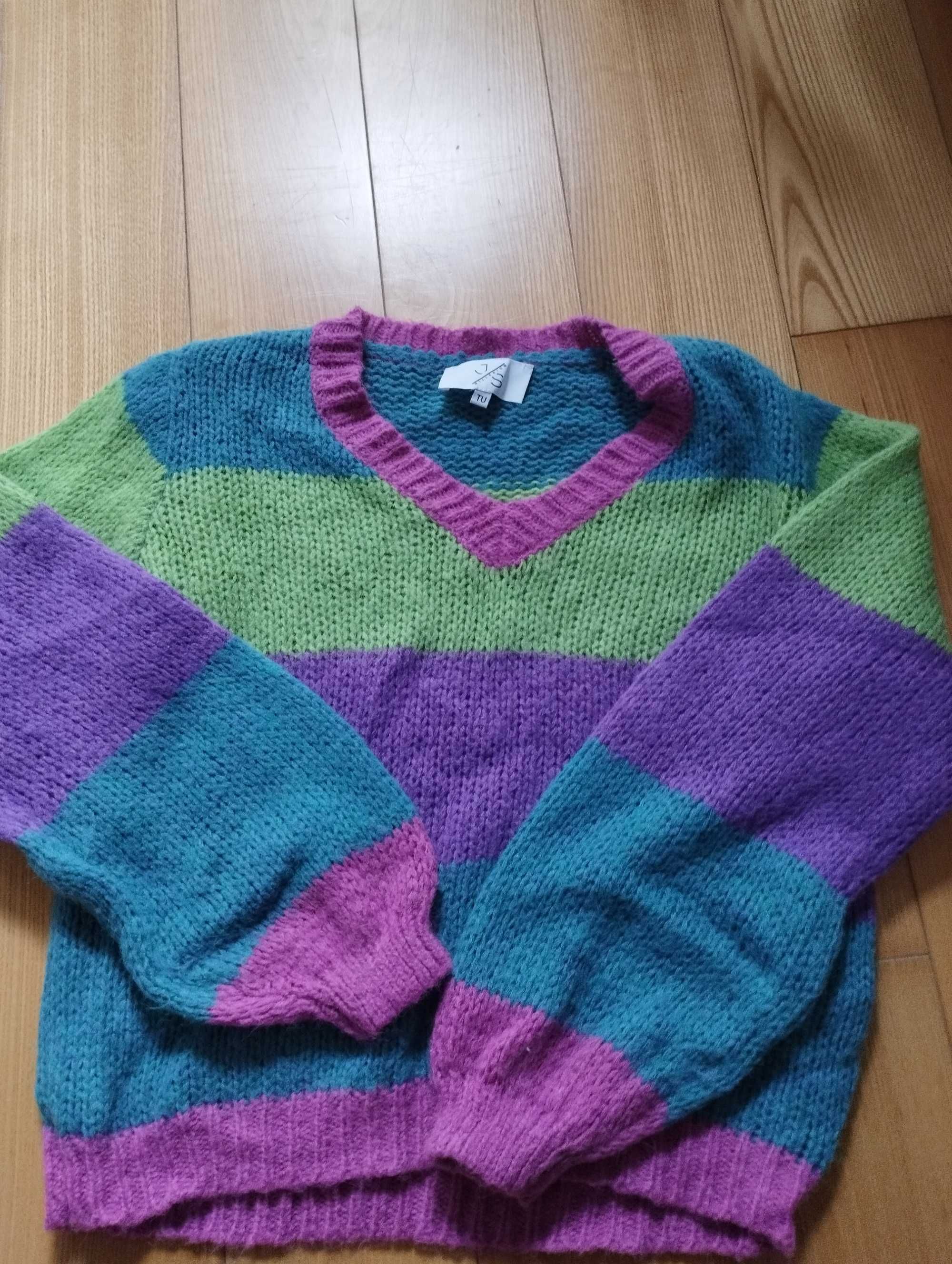 Sweter w paski modne szersze rękawy J&S millenium 8% wool 15% mohair