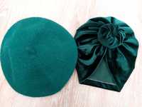 Nowy zestaw dla dziewczynki beret i turban butelkowa zieleń rozmiar 1-