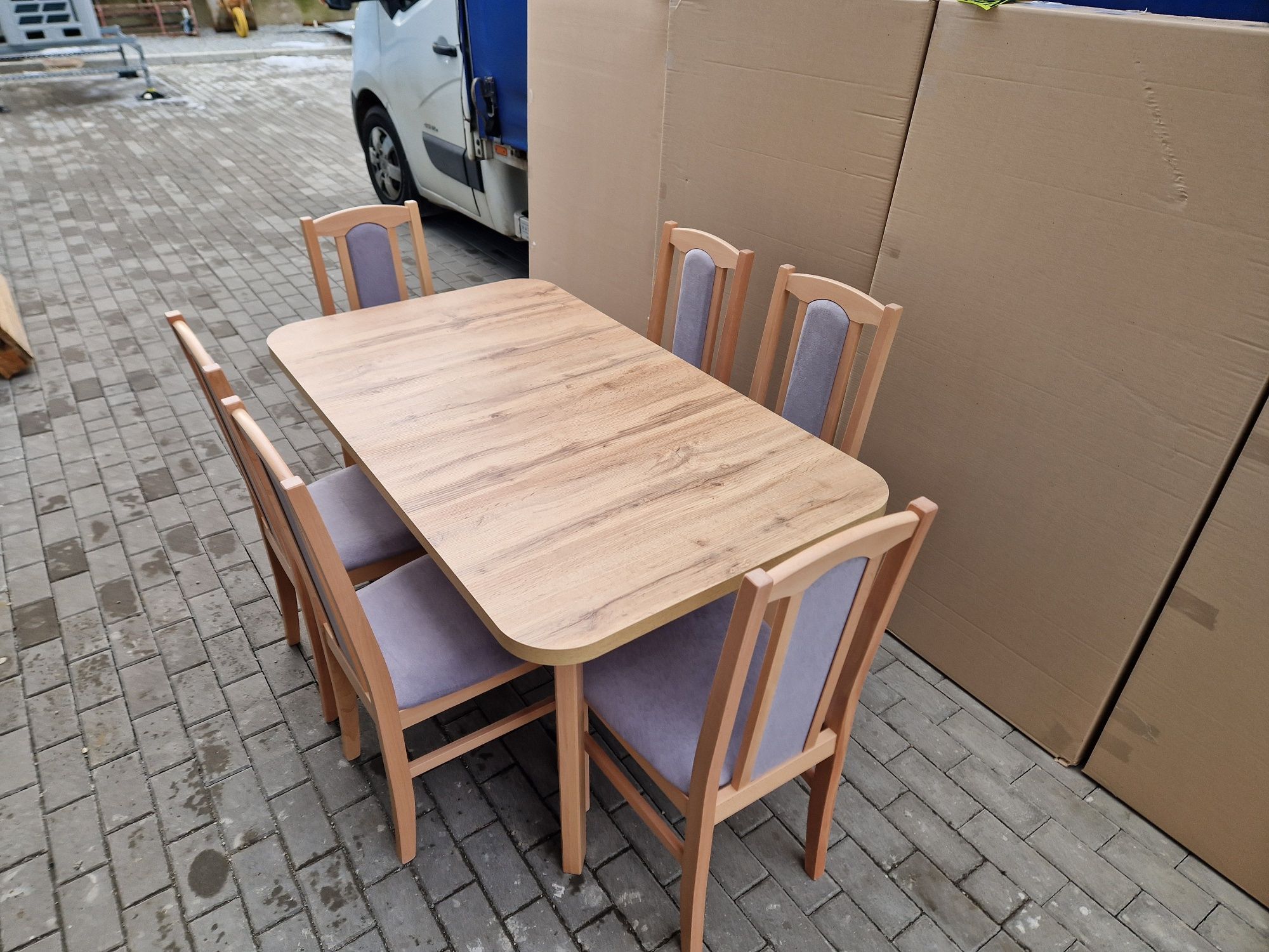 Stół rozkładany + 6 krzeseł, nowe , buk/wotan + szary, dostawa PL