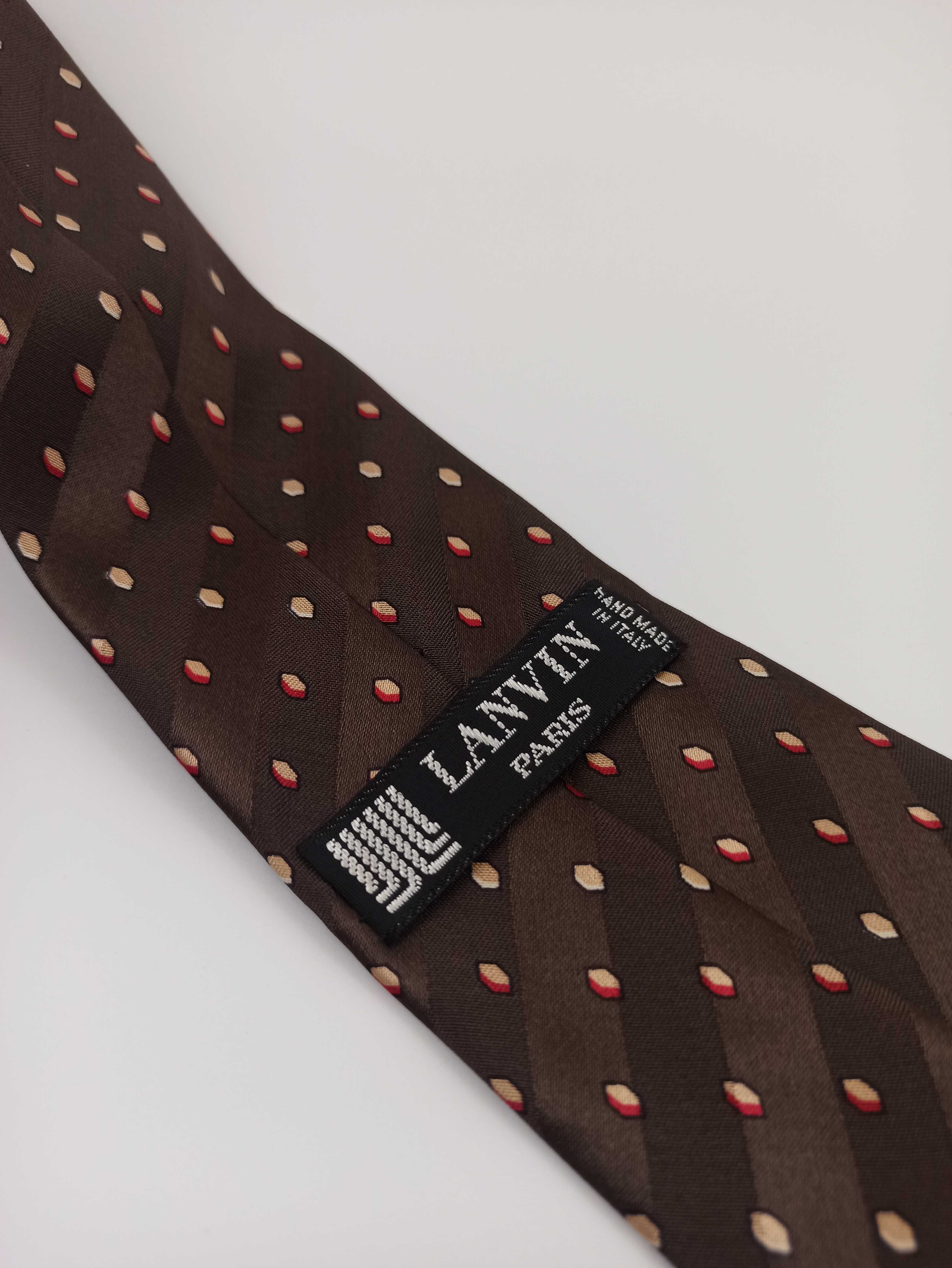 Lanvin paris brązowy jedwabny krawat groszki