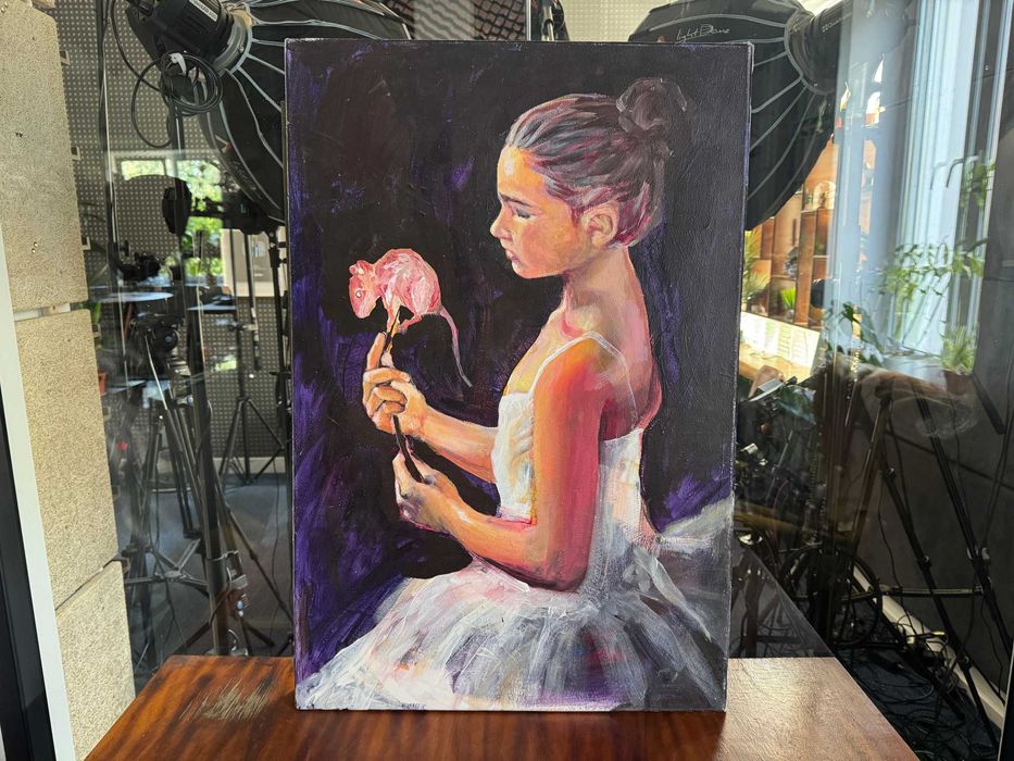 Piękny, duży obraz olejny na płótnie. Baletnica tancerka dziewczyna